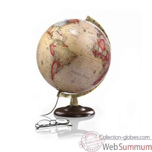 Globe Classic A4 - Globe lumineux - Cartographie de type antique - diam 30 cm - Pied noyer et meridien laiton