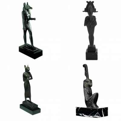 lot 4 statuettes Musee reproduction Egypte Anubis, Osiris, Bastet, Maat -LWS-478
